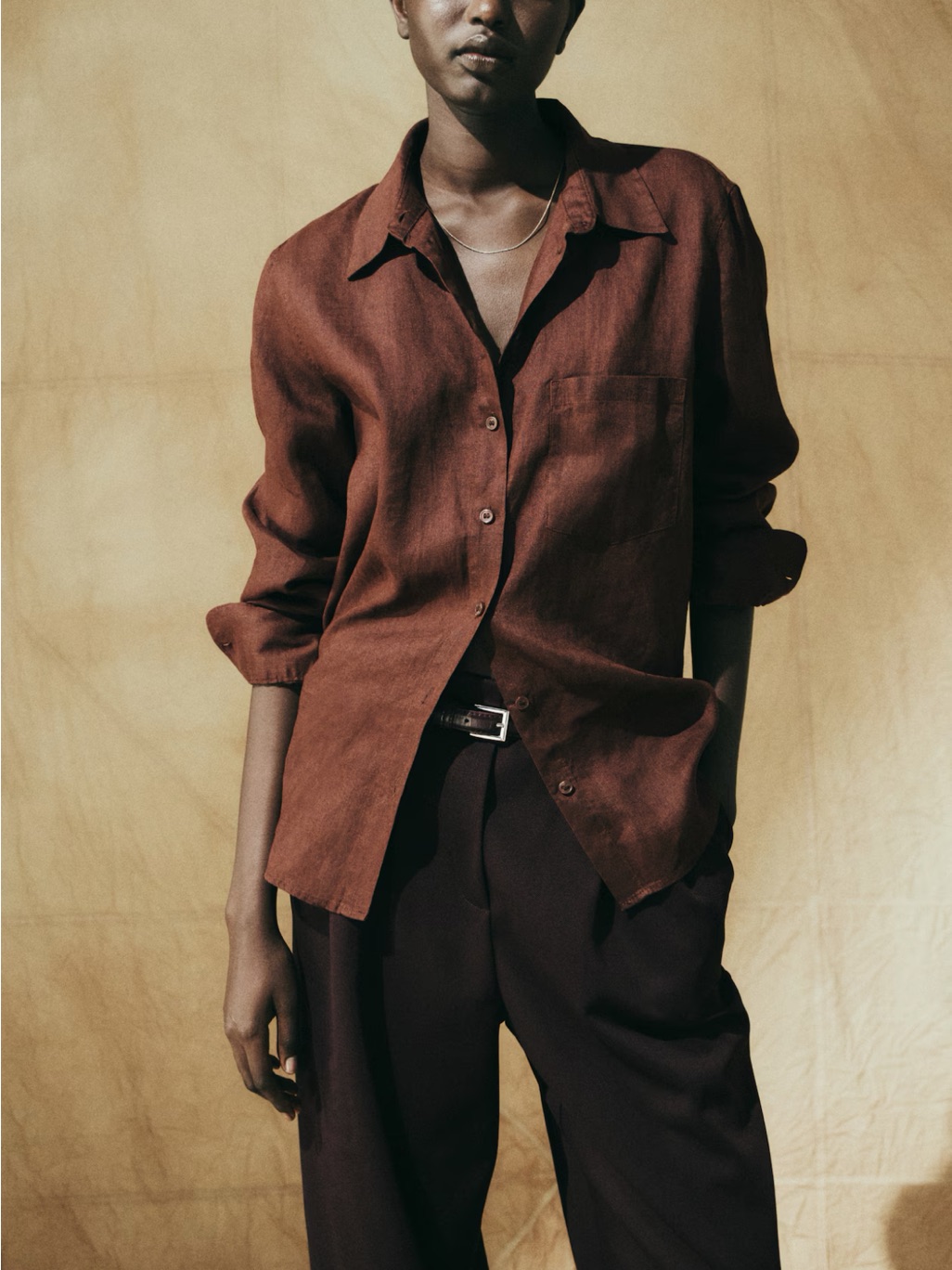 H&M Linen Button Up Long Sleeve Shirt - Dark Brown Nwt